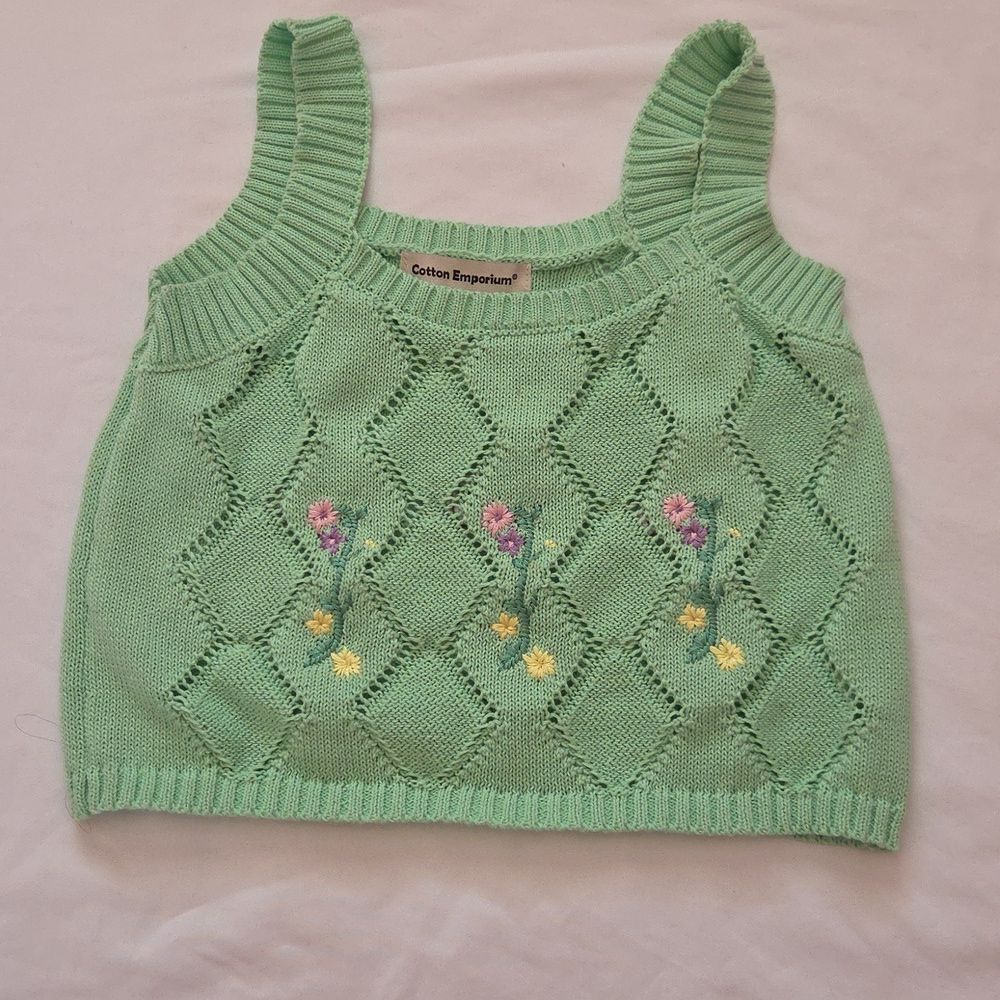 Cotton Emporium Knit Floral Green Cropped Tank Top Size Large